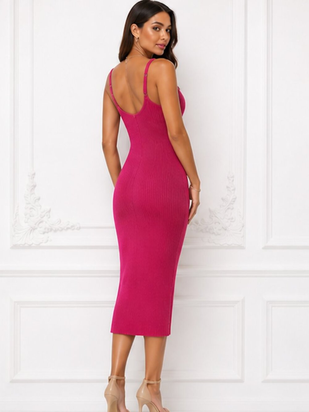 S/M Midi Hot Pink Ribbed Stretch Knit Sleek Dress